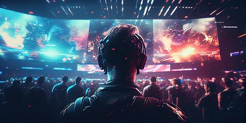 Wall Mural - E-sports arena, filled with cheering fans and colorful LED lights. Players compete on a large stage in front of a massive screen. Big arena with many people, big stage, concert hall. Generative AI