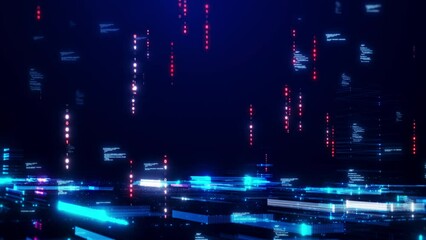 Poster - digital technology abstract concept Small particles connected in multicolored lines with a perspective view on dark blue background. Transmission of data in a fast internet network connection.