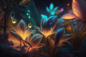 Wall Mural - fantasy field with glowing colorful flowers close up