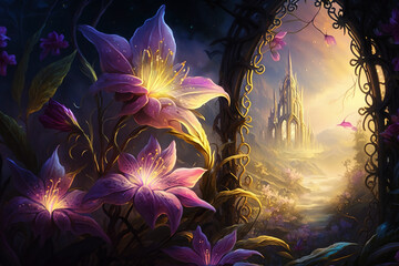 Wall Mural - fantasy world with magical flowers and castle