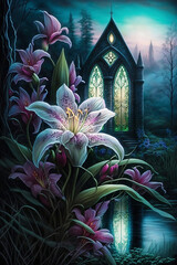Wall Mural - fantasy world with magical flowers and castle