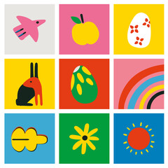 Poster - Colorful abstract elements tiles set.  Abstract flowers, bird, easter bunny, egg. Minimal hand drawn style flat vector poster.