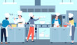 © LadadikArt - Restaurant professional cooking kitchen, commercial chef and team cook diverse food. Hotel industry, cafe or bar workers in uniform, service recent vector scene