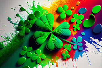 Aufkleber - Beautiful photo clover shamrocks splashed in bright paint, contemporary  background. Generative AI technology.
