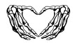 Hand. Human bones. Human skeleton. Illustration of a skeleton hand with a heart. Human hand anatomy. Love to death.
