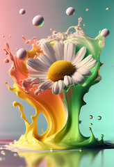 Poster - Beautiful photo chamomile splashed in bright paint, contemporary  background. Generative AI technology.