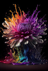 Aufkleber - Beautiful photo chrysanthemum splashed in bright paint, contemporary  background. Generative AI technology.
