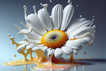 Poster - Beautiful photo chamomile splashed in bright paint, contemporary  background. Generative AI technology.