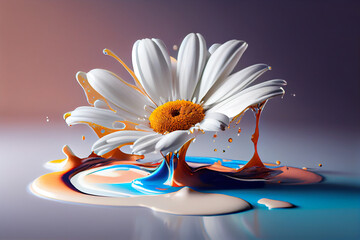 Poster - Beautiful photo chamomile splashed in bright paint, contemporary  background. Generative AI technology.