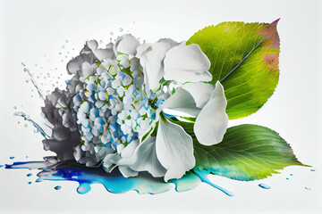Aufkleber - Beautiful photo hortensia splashed in bright paint, contemporary  background. Generative AI technology.