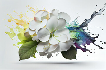 Aufkleber - Beautiful photo hortensia splashed in bright paint, contemporary  background. Generative AI technology.