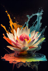 Aufkleber - Beautiful photo lotus splashed in bright paint, contemporary  background. Generative AI technology.