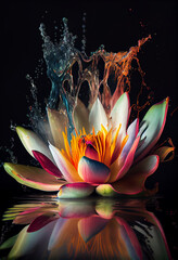 Aufkleber - Beautiful photo lotus splashed in bright paint, contemporary  background. Generative AI technology.