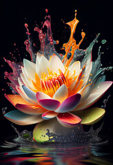 Aufkleber - Beautiful photo lotus splashed in bright paint, contemporary  background. Generative AI technology.