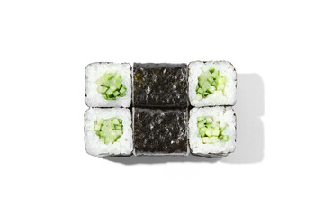 Poster - Classic japanese sushi roll with cucumber isolated on white background. Kappa hosomaki in minimal style with shadows. Simple maki roll on white. Vegan sushi roll - hosomaki with cucumber.