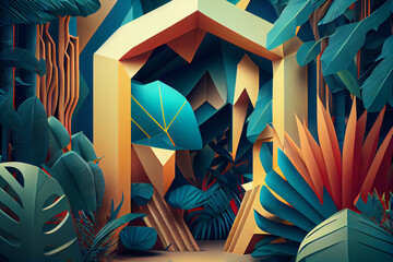 Poster - Beautiful abstract surreal geometric jungle concept, contemporary colors and mood social background. Generative AI technology.
