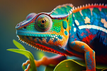 Wall Mural - closeup of a colorful chameleon lizard. generative AI