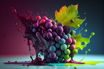 Aufkleber - Beautiful photo grape splashed in bright paint, contemporary  background. Generative AI technology.