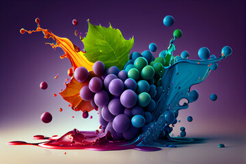Poster - Beautiful photo grape splashed in bright paint, contemporary  background. Generative AI technology.