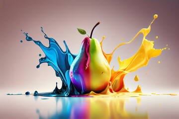 Poster - Beautiful photo pear splashed in bright paint, contemporary  background. Generative AI technology.