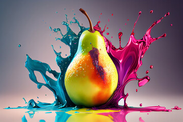 Aufkleber - Beautiful photo pear splashed in bright paint, contemporary  background. Generative AI technology.