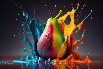 Aufkleber - Beautiful photo pear splashed in bright paint, contemporary  background. Generative AI technology.