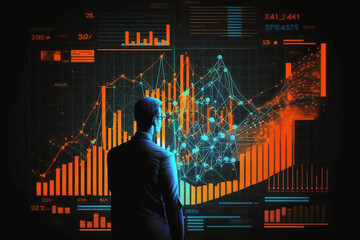 Poster - Illustration of digital screen with the Businessman analyzing economic growth graph financial data. Stock market investment. Financial and banking Technology, Generative AI	