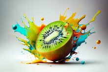 Beautiful Photo Kiwifruit Splashed In Bright Paint, Contemporary  Background. Generative AI Technology.