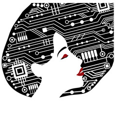 Poster - Beautiful techno woman communication profile. Beauty face with black hair made of circuit, red lips.
