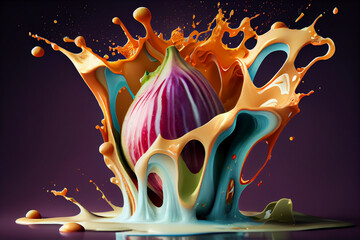 Poster - Beautiful photo fig splashed in bright paint, contemporary background. Generative AI technology
