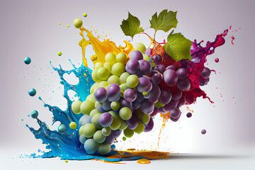 Aufkleber - Beautiful photo grape splashed in bright paint, contemporary background. Generative AI technology