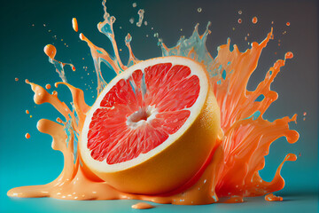 Poster - Beautiful photo grapefruit splashed in bright paint, contemporary background. Generative AI technology