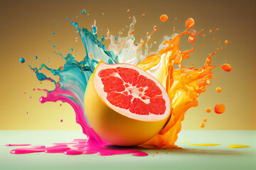 Aufkleber - Beautiful photo grapefruit splashed in bright paint, contemporary background. Generative AI technology