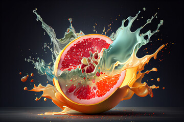 Aufkleber - Beautiful photo grapefruit splashed in bright paint, contemporary background. Generative AI technology