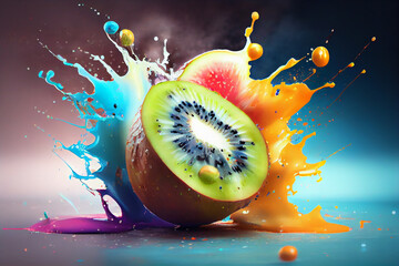 Poster - Beautiful photo kiwifruit splashed in bright paint, contemporary  background. Generative AI technology.