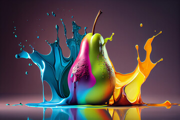 Poster - Beautiful photo pear splashed in bright paint, contemporary  background. Generative AI technology.