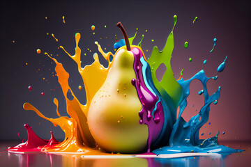 Aufkleber - Beautiful photo pear splashed in bright paint, contemporary  background. Generative AI technology.