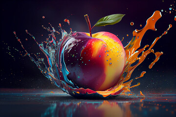 Poster - Beautiful photo apple splashed in bright paint, contemporary  background. Generative AI technology.