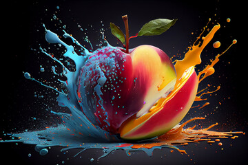 Poster - Beautiful photo apple splashed in bright paint, contemporary  background. Generative AI technology.
