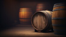Wooden Barrels For Whiskey, Wine, Or Cognac Stand On A Wooden Pallet In The Basement. Generative AI.
