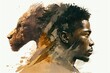 Double exposure of a young african man morphing into wild animal, lion, water color style, AI generative