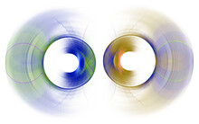 Abstract Colored Transparent Striped Disks Rotate On A White Background. Two Abstract Fractal Backgrounds In One. 3D Rendering. 3D Illustration.