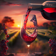 Pouring red wine into a wine glass with a vineyard in the background. Generative AI.	
