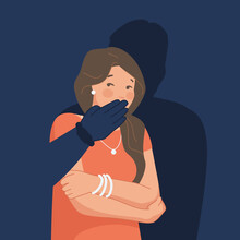 Silenced Woman. Women Violence Gender Abusing Concept, Censored Girl Or Criminal Kidnapping Victim, Female Against Silence And Domestic Abuse, Quiet Expressions Vector Illustration