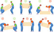 Lifting technique. Safe posture lifted-up and squat heavy cargo, correct techniques work with heaviness, carrying back weight lift or load large box, splendid vector illustration