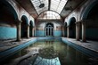 abandoned structure with a swimming pool inside, vacant. Generative AI
