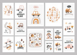 Fototapeta Dinusie - Big set of boho posters with cute nursery cars.