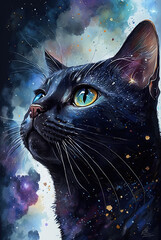 A young black cat with cute big blue eyes looks up at the stars in surprise. Generative AI.