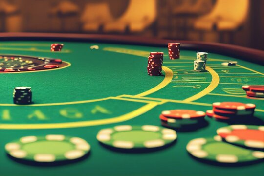 poker chips falling on green felt roulette table, blur casino interior background. 3d illustration. 