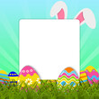 Easter background with Easter eggs on green grass, bunny ears and place for your text. Template for Easter festive design. Vector illustration.